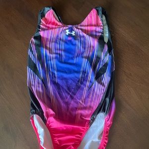 Under Armour Leotard Size AS, Pink, purple, black and gold pattern.